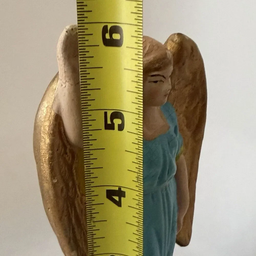 Vintage German Nativity Angel Figurine 6” Blue Robe Gold Wings Hand Painted
